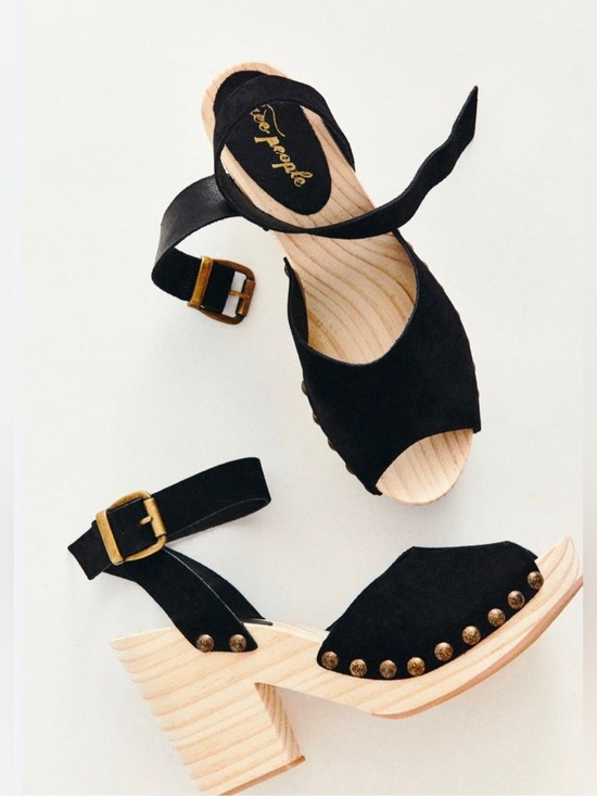 Free People Shoes - Free People Pasadena Clogs Black Suede Studded Wooden Platform Sandals Peep Toe